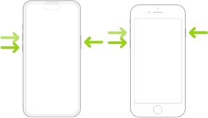 Forçar reinicialização do iphone - Uma ilustração de dois modelos de iPhone, um com botão de Início e outro sem, com as telas viradas para cima. Os botões de volume de cada modelo estão no lado esquerdo do iPhone e o botão lateral está no direito.