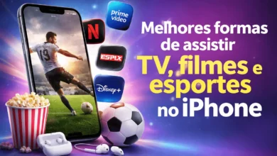 iPhone exibindo jogo de futebol na tela com ícones de apps de streaming ao redor e texto “Melhores formas de assistir TV, filmes e esportes no iPhone”